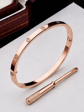 Stamped Rose Gold Plated Love Bangle Bracelet No Stones Thin Version